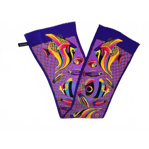 Vintage 80's Oscar de la Renta 100% Silk Scarf Vibrant Purple Fish Print - Picture 4 of 7